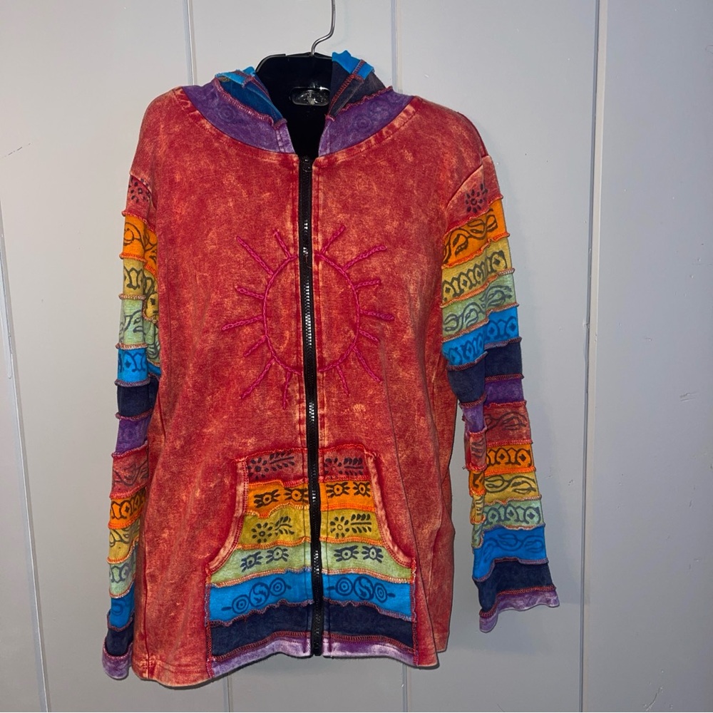 Greater Good Jacket Zip Hoodie Orange Sun Festival Boho Hippie Ethnic Gorpcore